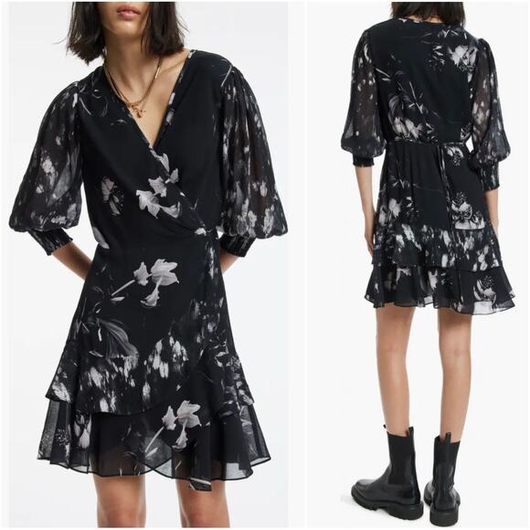 All Saints Dresses & Skirts - ALLSAINTS Ari Pauline Black Floral True-Wrap Ruffle Dress Size 4 Whimsigoth Emo